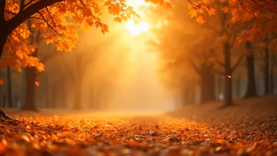 Golden Autumn Leaves Falling In Sunlit Forest Path