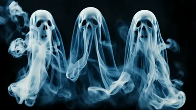 Three Ethereal Ghostly Skulls Formed From Swirling Smoke