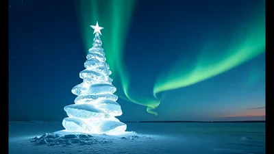 Glowing Ice Christmas Tree Under Vibrant Northern Lights