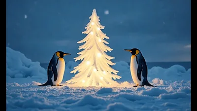 Two Penguins Standing Beside A Glowing Christmas Tree