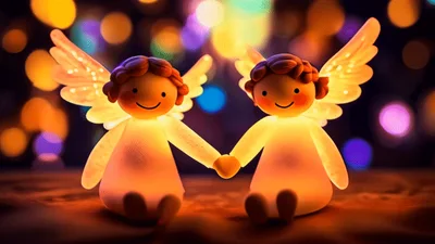 Two Glowing Angel Figurines Holding Hands