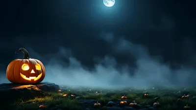Glowing Jack O Lantern Sitting In A Foggy Field