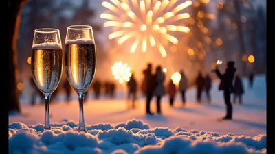 Two Champagne Glasses Celebrating New Year With Fireworks