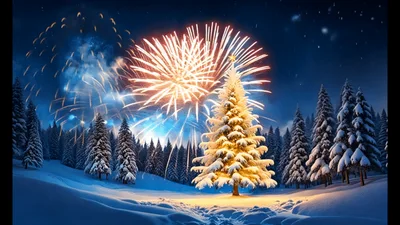 Golden Christmas Tree With Fireworks In Snowy Forest