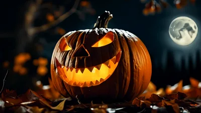 Glowing Jack O Lantern Sitting On Autumn Leaves