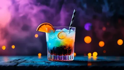 Colorful Layered Cocktail With Orange Garnish And Smoke