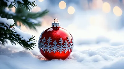 Red Christmas Ornament Resting In Fresh Snow