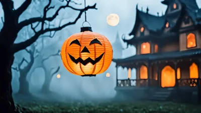 Glowing Jack O Lantern Hanging Before Haunted House