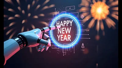 Robotic Hand Touching Digital Happy New Year Hologram