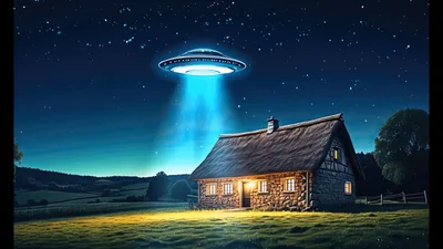 UFO Hovering Above A Rustic Stone Cottage At Night