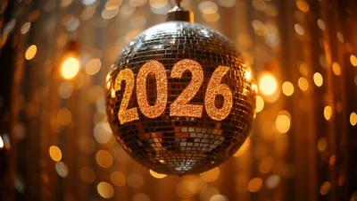 Glittering 2026 Disco Ball Hanging Against Golden Bokeh Lights