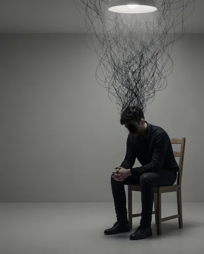 Depressed Man Sitting On Chair With Tangled Thoughts
