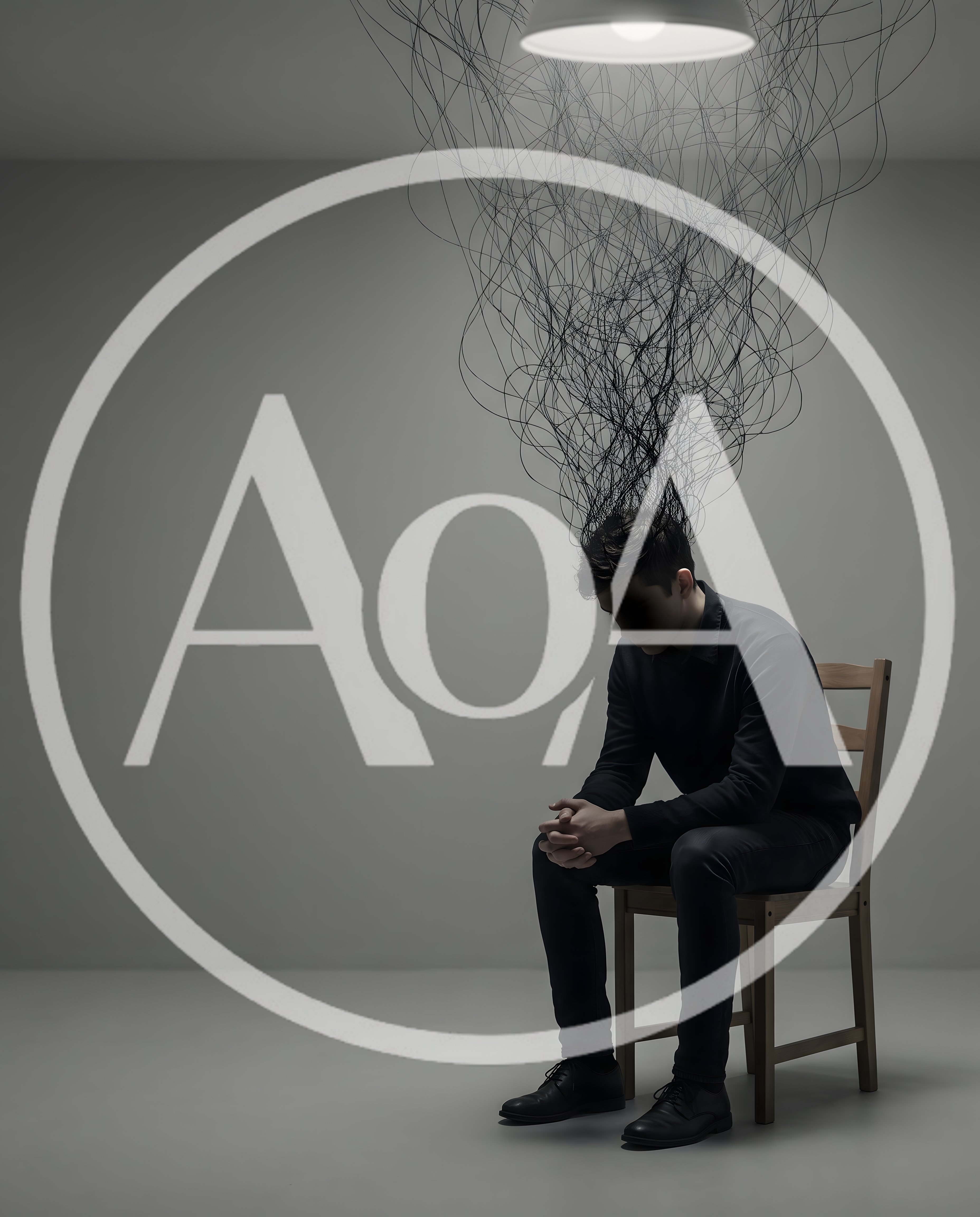 Depressed Man Sitting On Chair With Tangled Thoughts