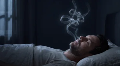Man Sleeping With Surreal Smoke Exhaling From Mouth