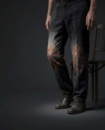 Man Standing With Burned Knees On Trousers