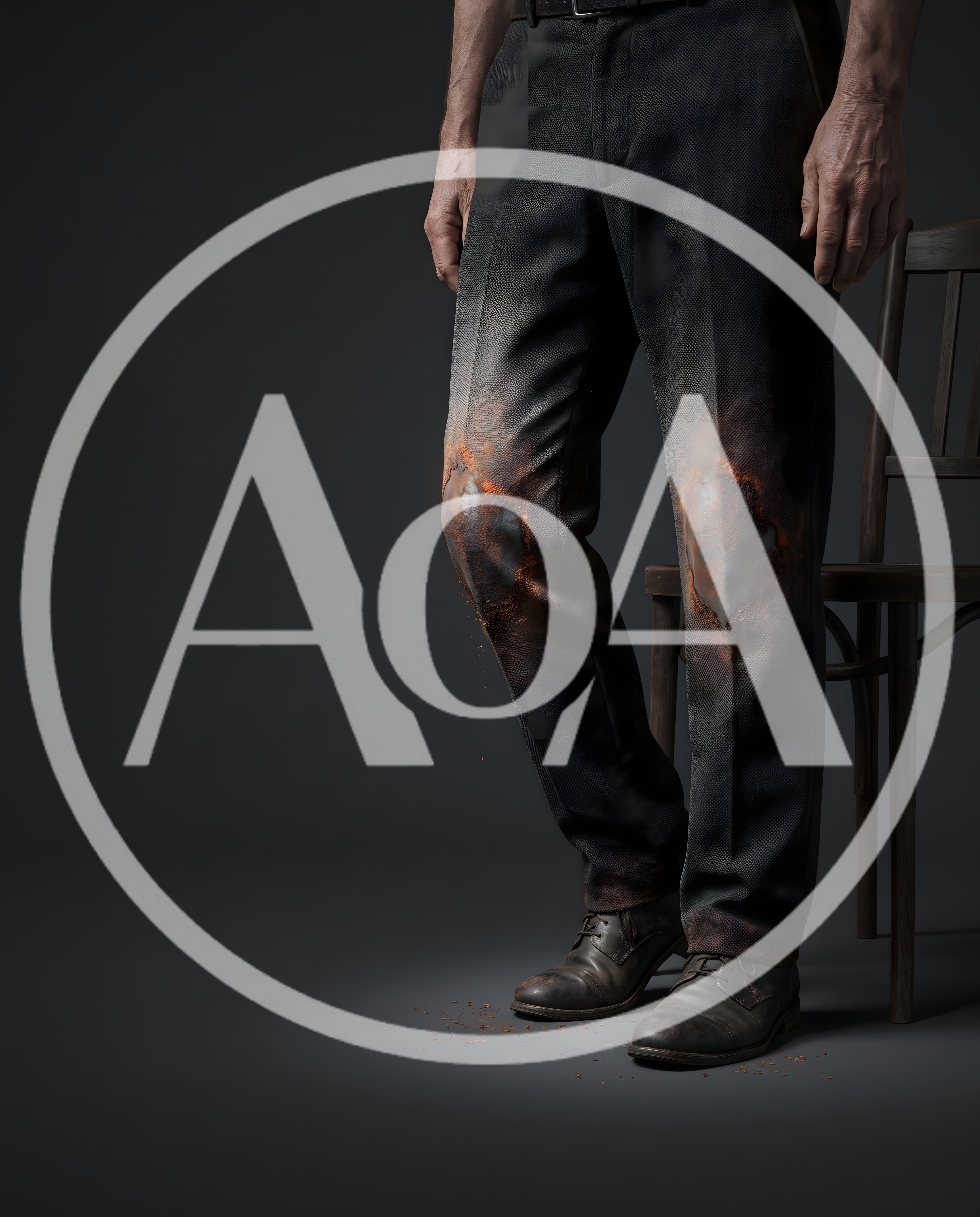 Man Standing With Burned Knees On Trousers