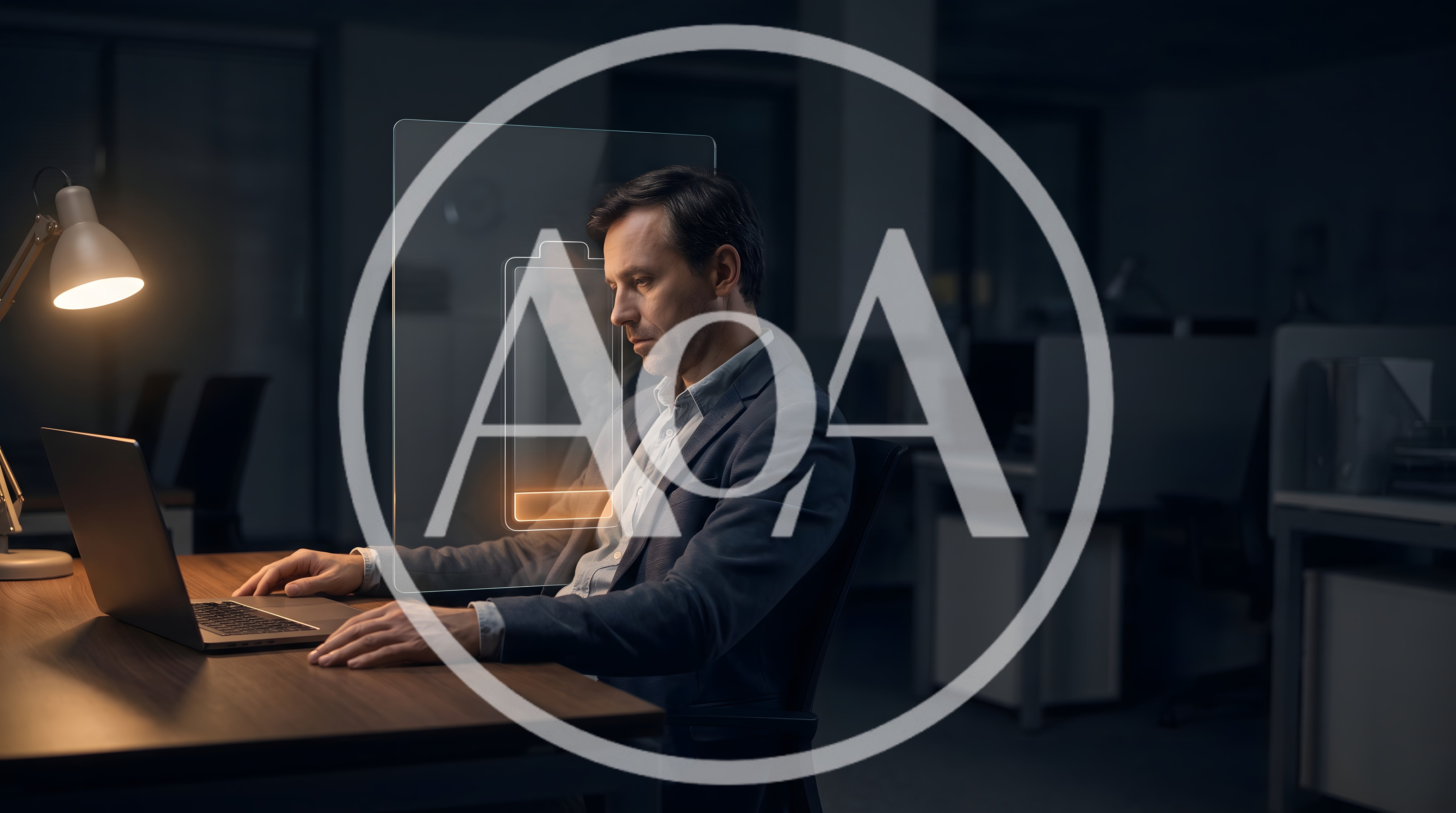 Exhausted Businessman Working Late With Low Battery Visualization