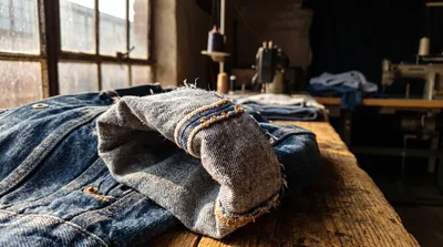 Raw Denim Jeans Cuff On A Wooden Workshop Table