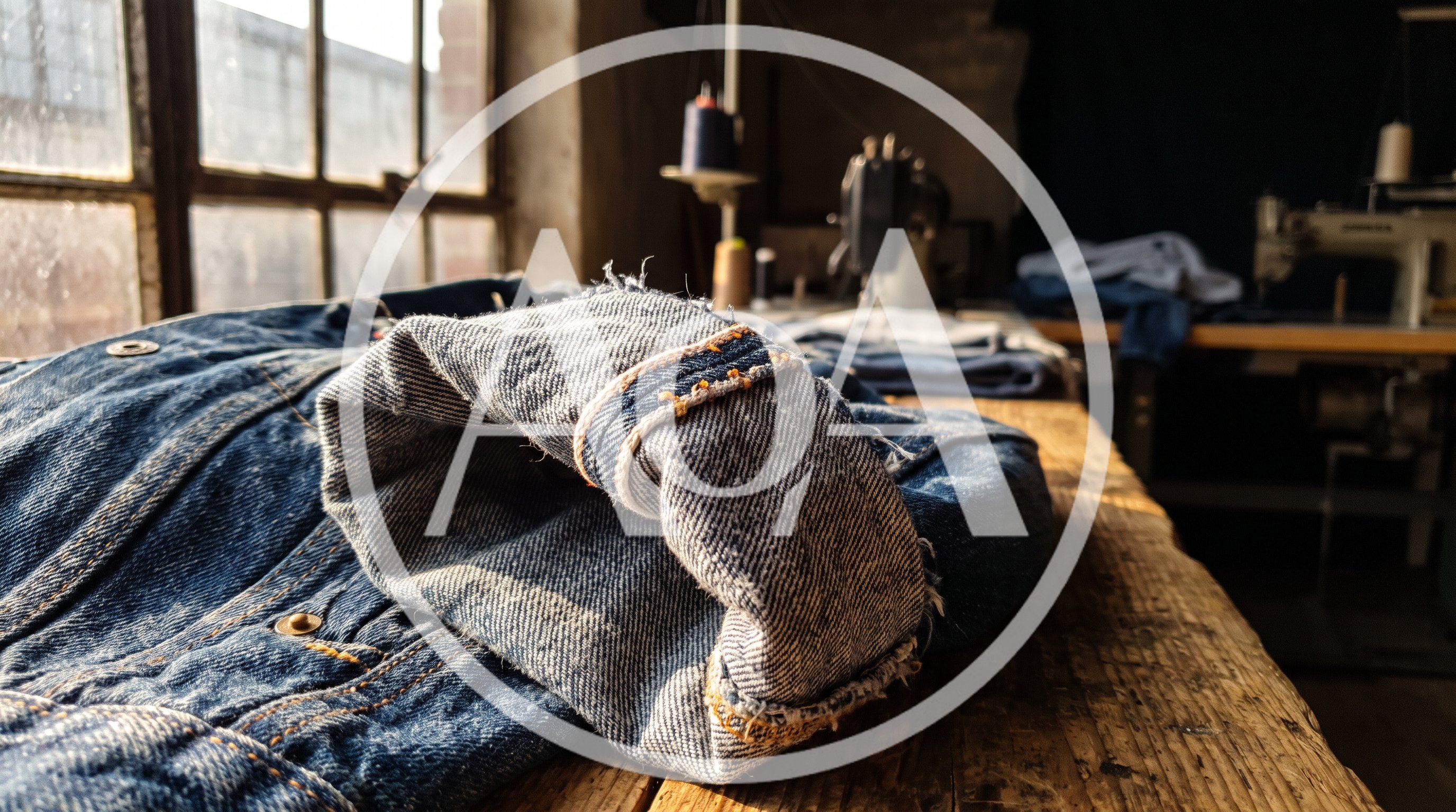 Raw Denim Jeans Cuff On A Wooden Workshop Table