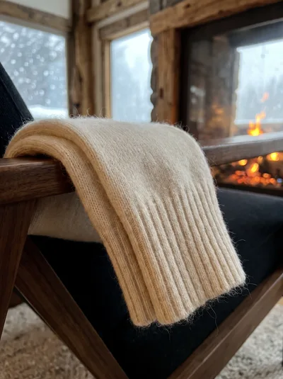 Cream Wool Throw Blanket Draped Over Wooden Chair
