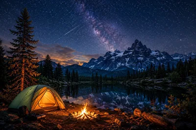 Camping Tent And Campfire Under Milky Way Galaxy