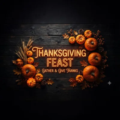 Thanksgiving Feast Neon Sign With Pumpkins