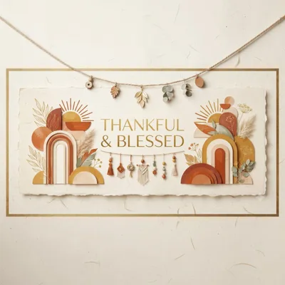 Boho Style Thankful And Blessed Wall Art Illustration