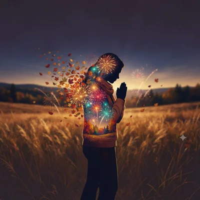Silhouette Of A Person Praying With Fireworks And Leaves