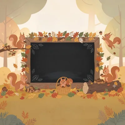 Cute Squirrels With Autumn Leaves And Blackboard Frame