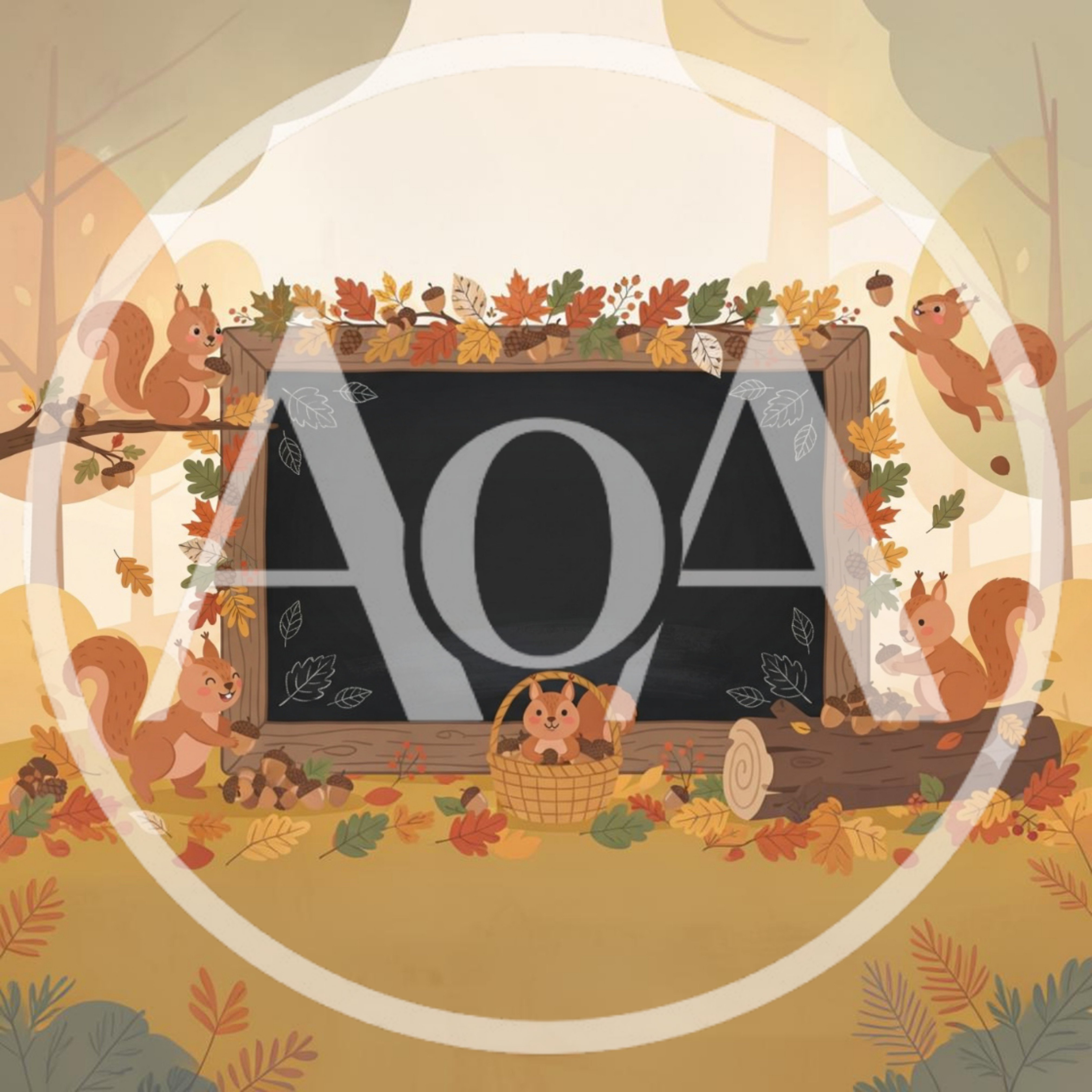 Cute Squirrels With Autumn Leaves And Blackboard Frame