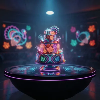 Neon Cyberpunk Thanksgiving Cake On Futuristic Table