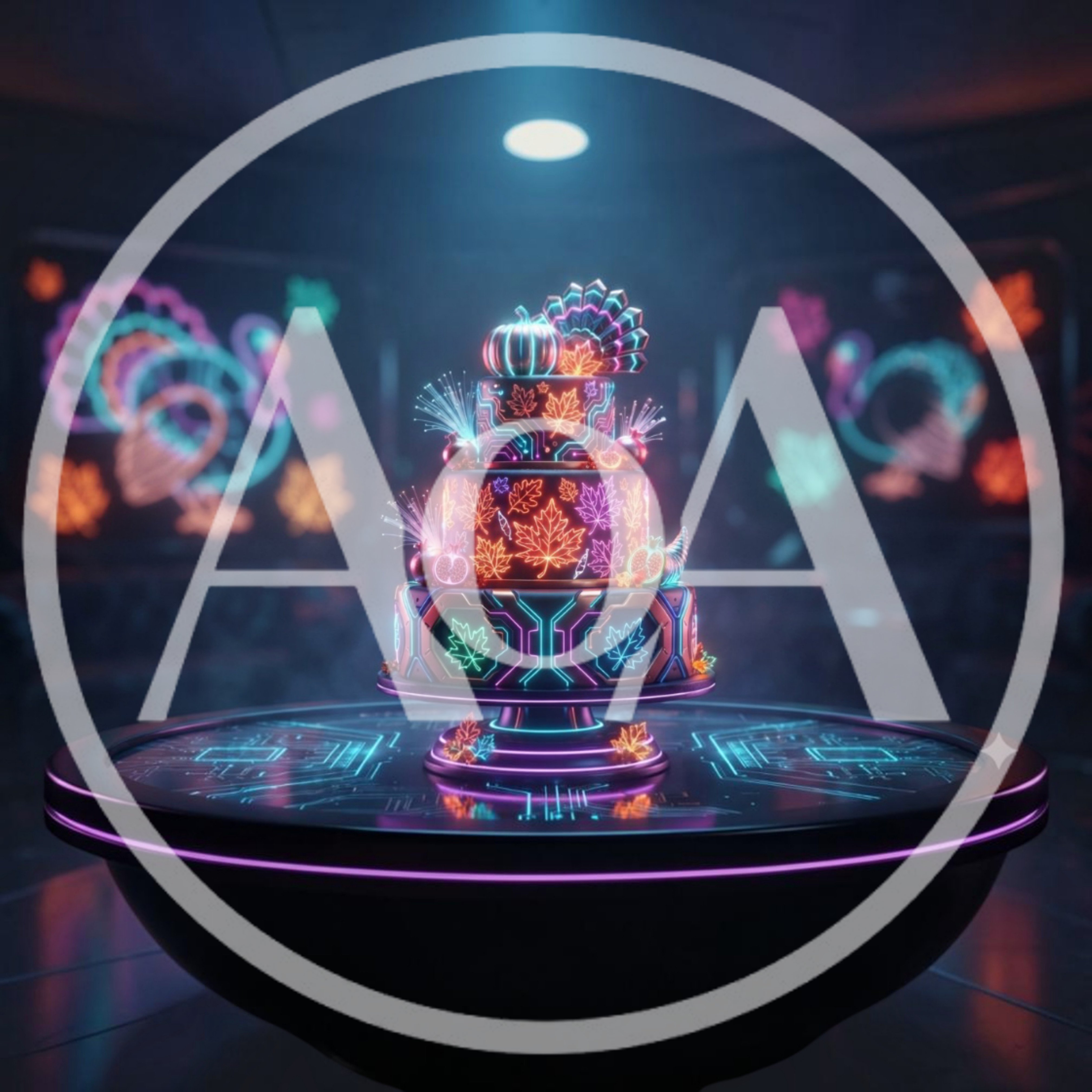 Neon Cyberpunk Thanksgiving Cake On Futuristic Table