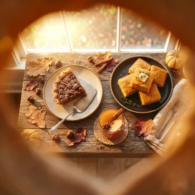 Autumnal Table Setting With Pecan Pie And Cornbread