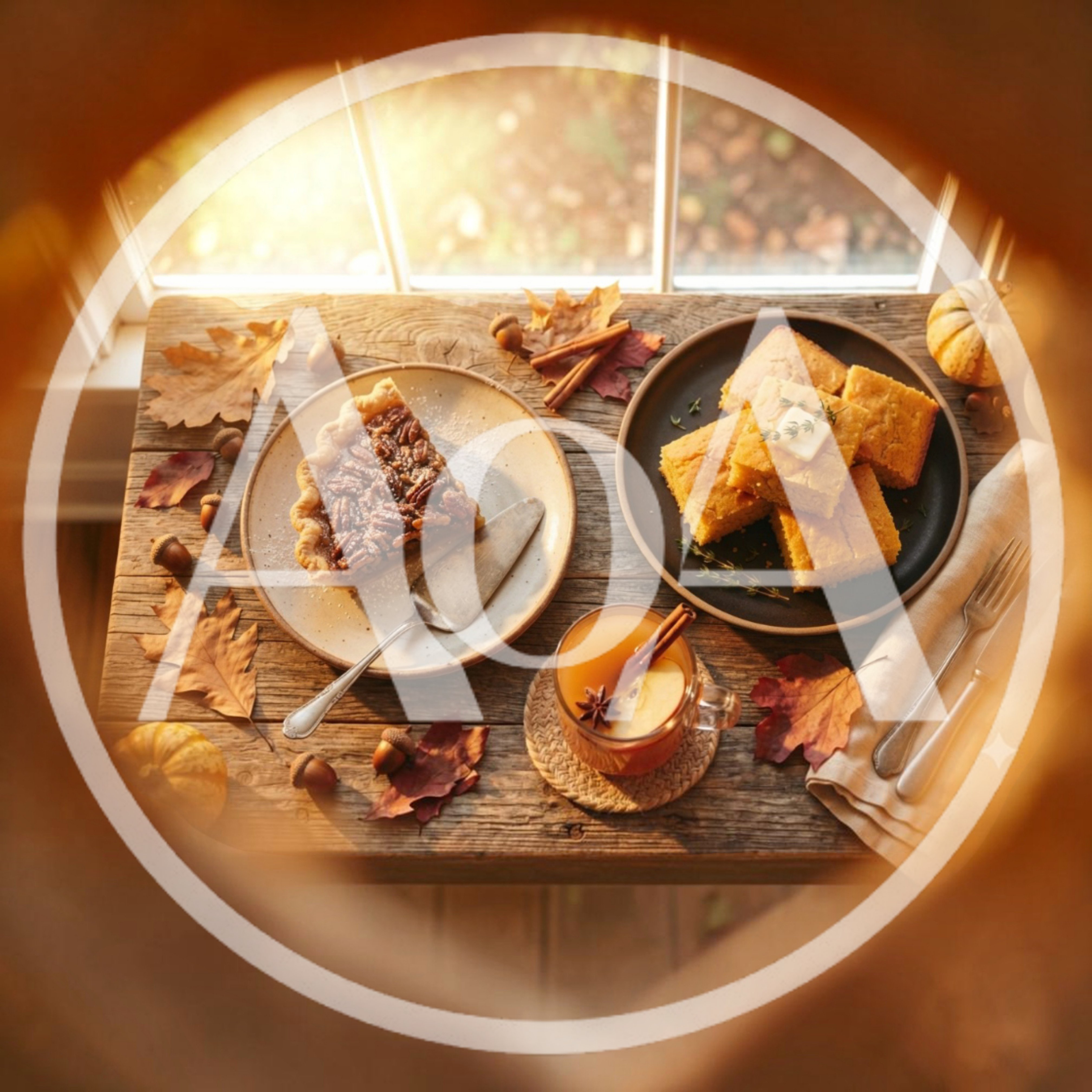 Autumnal Table Setting With Pecan Pie And Cornbread