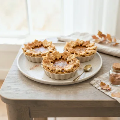 Three Mini Pumpkin Pies Decorated With Pastry Leaves