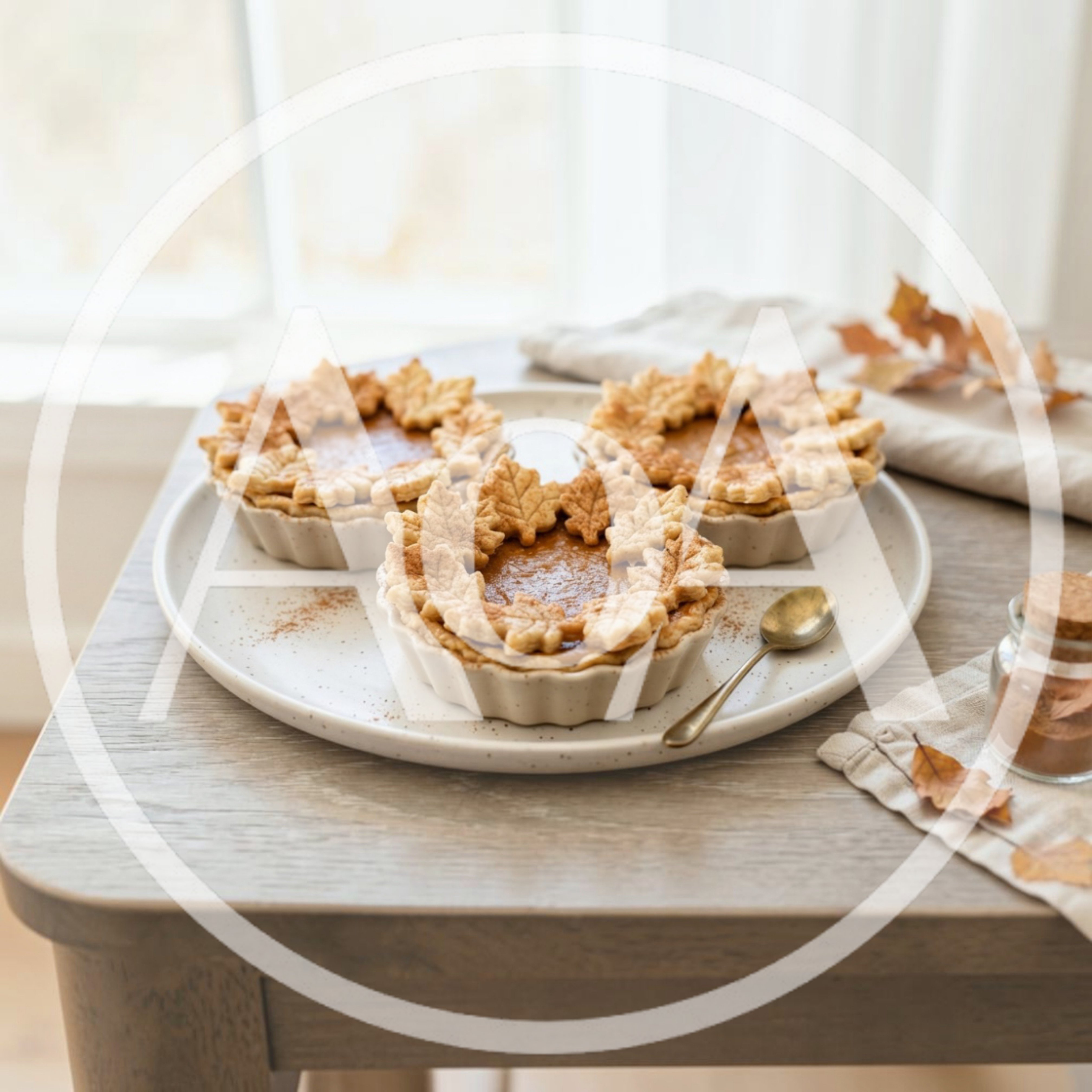 Three Mini Pumpkin Pies Decorated With Pastry Leaves