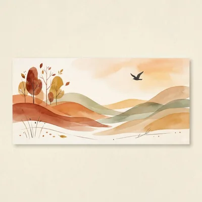 Watercolor Autumn Landscape With Rolling Hills And Trees