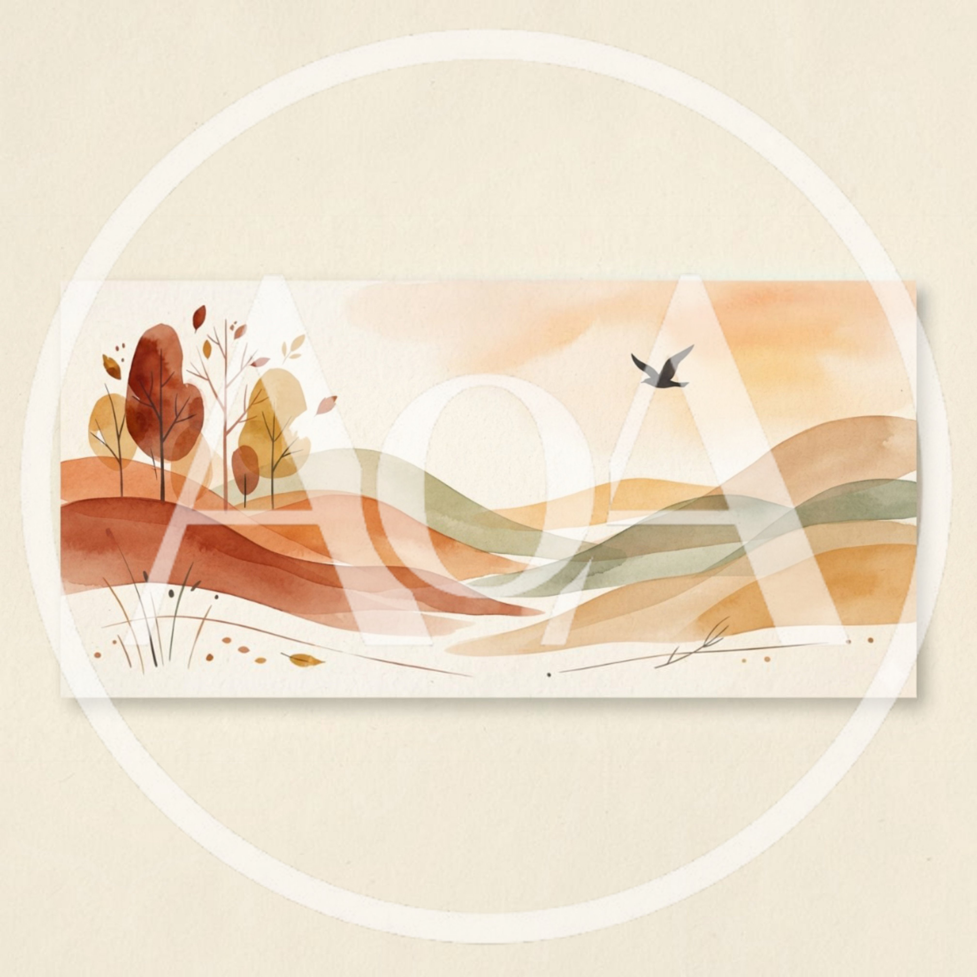 Watercolor Autumn Landscape With Rolling Hills And Trees
