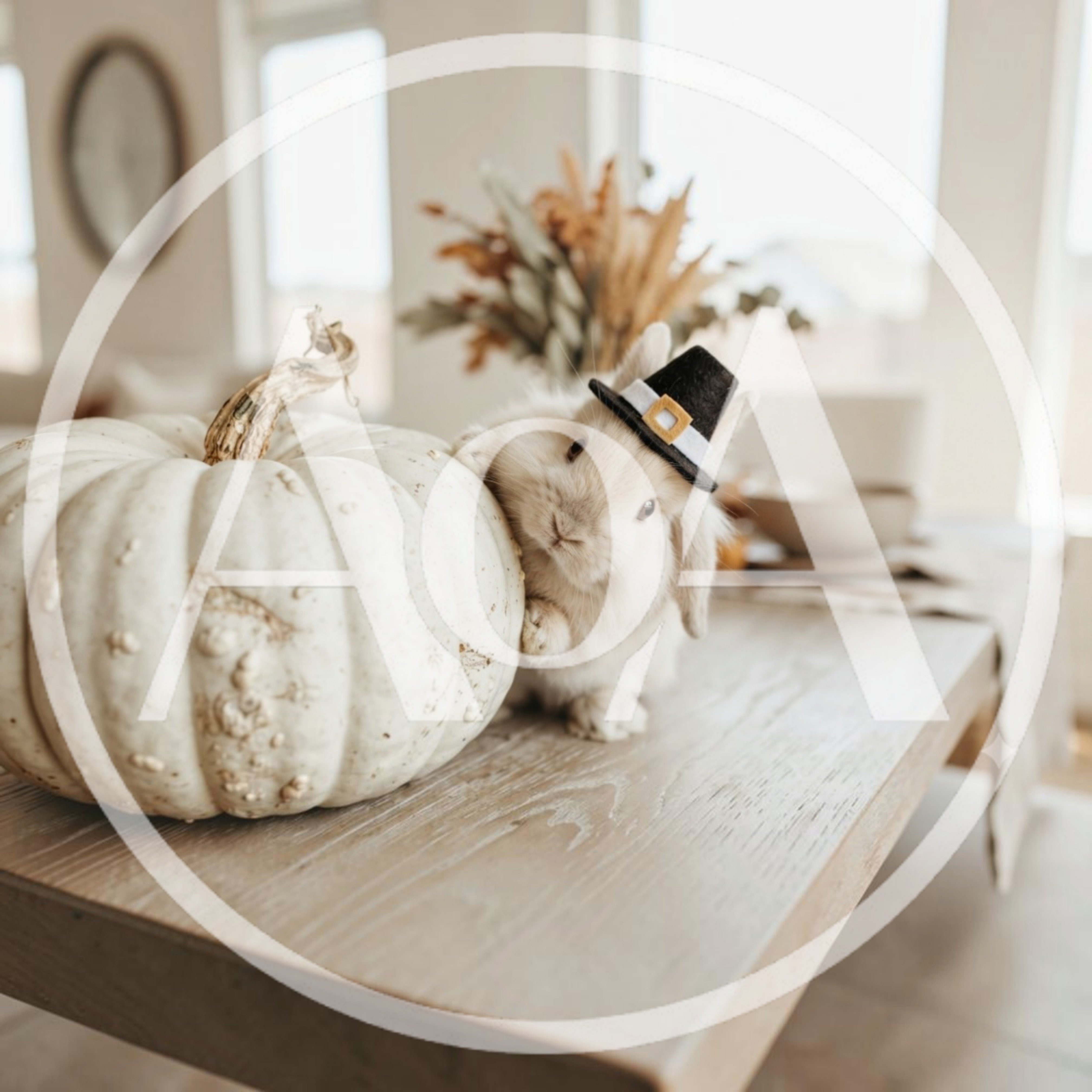 Cute Bunny Wearing Pilgrim Hat Beside White Pumpkin
