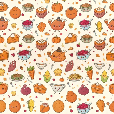 Cute Thanksgiving Food Pattern With Kawaii Illustrations