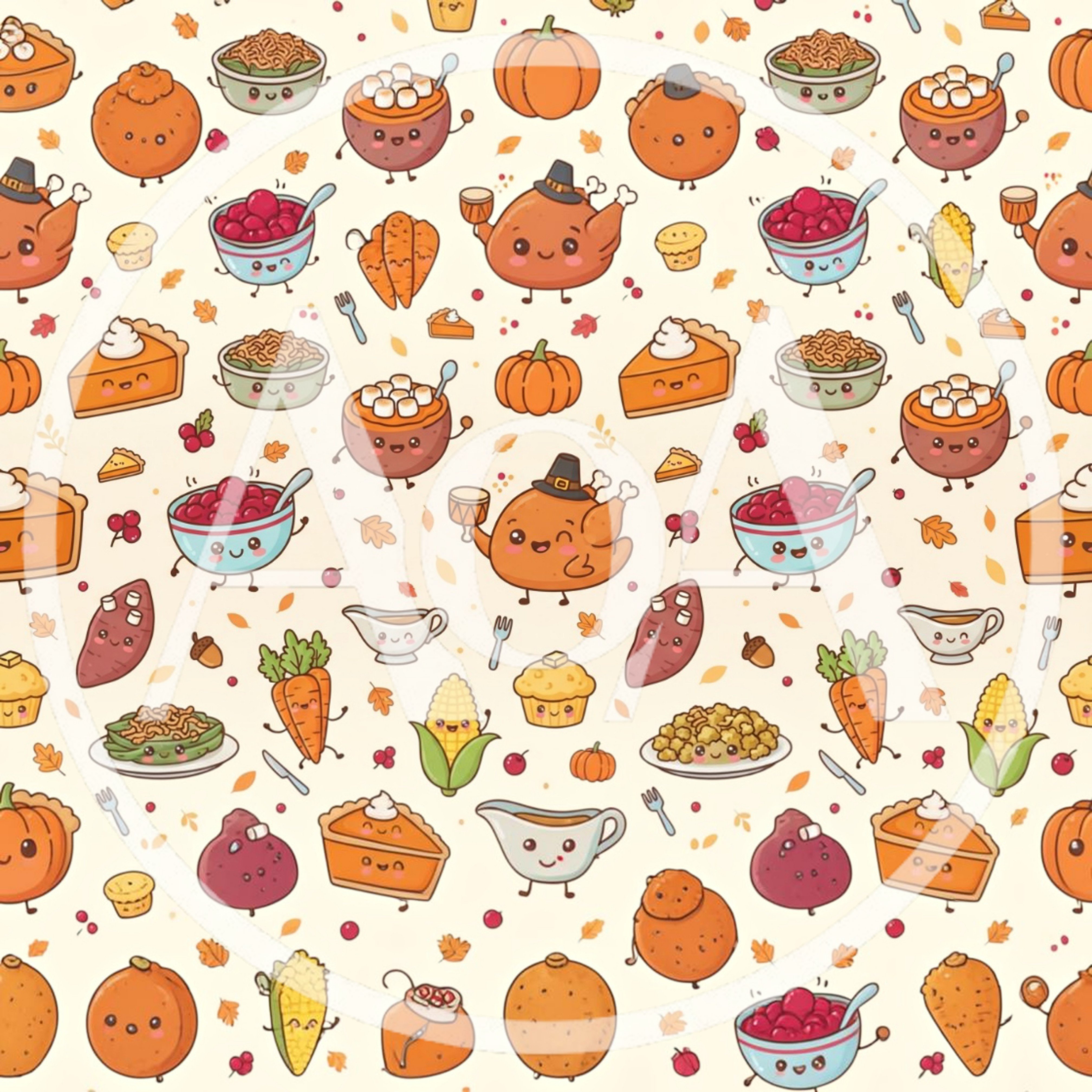 Cute Thanksgiving Food Pattern With Kawaii Illustrations