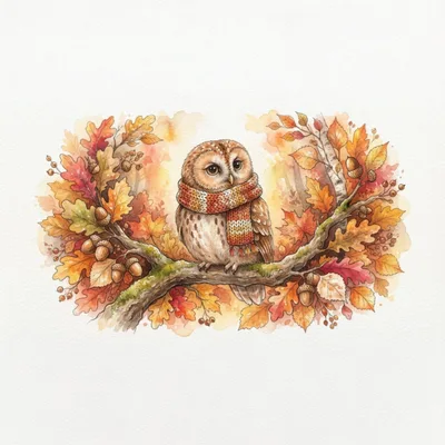 Watercolor Illustration Of A Cute Owl Wearing A Scarf