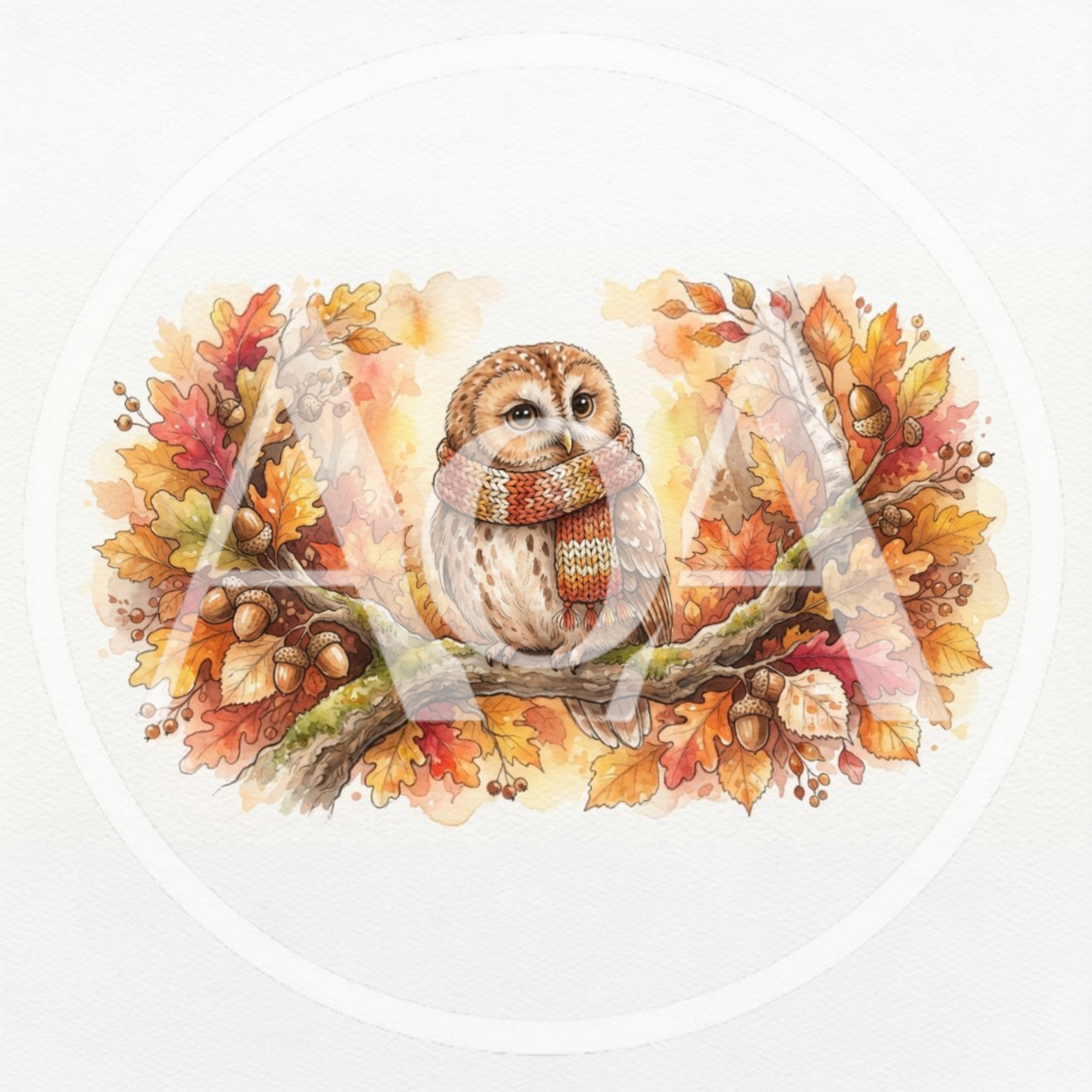 Watercolor Illustration Of A Cute Owl Wearing A Scarf