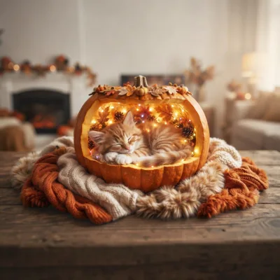 Cute Ginger Kitten Sleeping Inside A Decorative Pumpkin