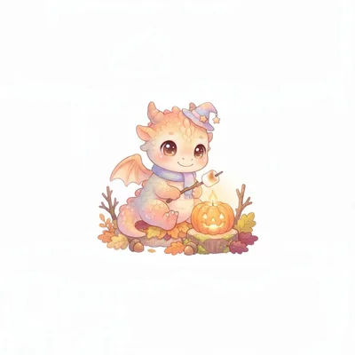 Cute Baby Dragon Roasting Marshmallow Over Jack O Lantern
