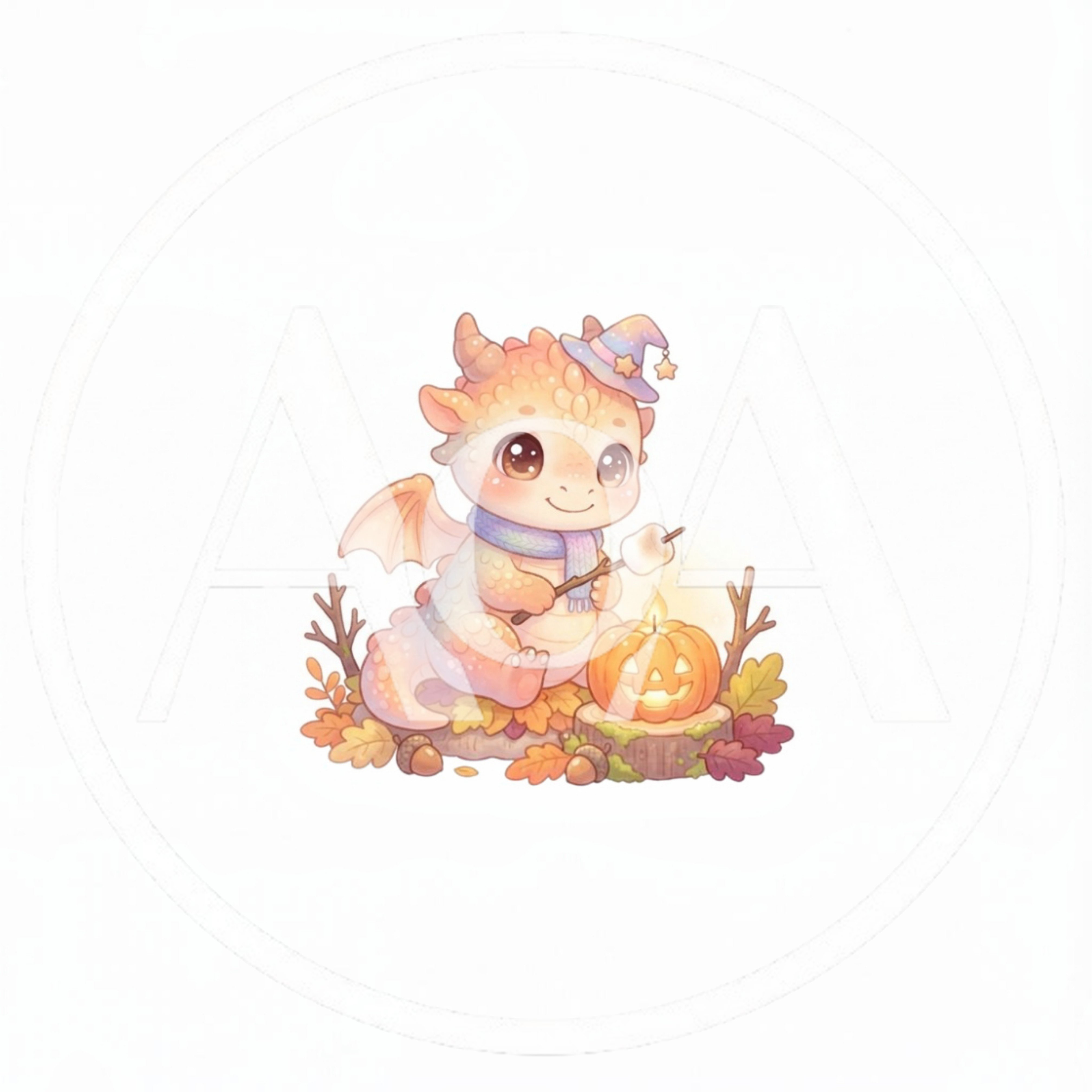 Cute Baby Dragon Roasting Marshmallow Over Jack O Lantern