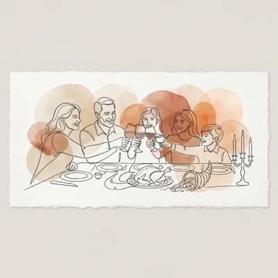 Family Celebrating Thanksgiving Dinner Line Art Illustration