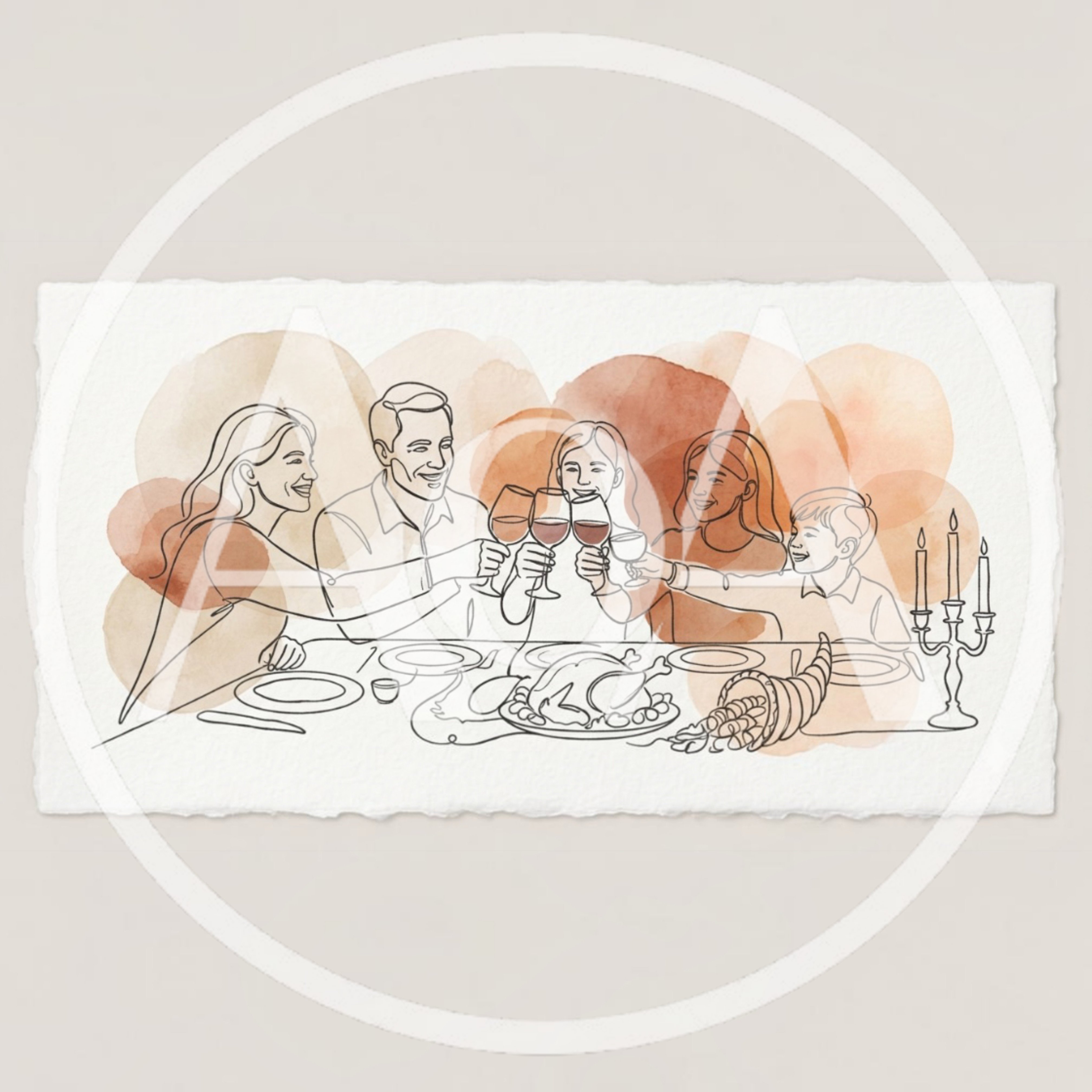 Family Celebrating Thanksgiving Dinner Line Art Illustration