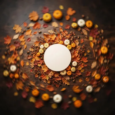 Autumn Wreath With Blank Center On Wooden Background