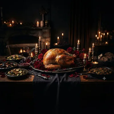 Gourmet Thanksgiving Dinner Table With Roasted Turkey